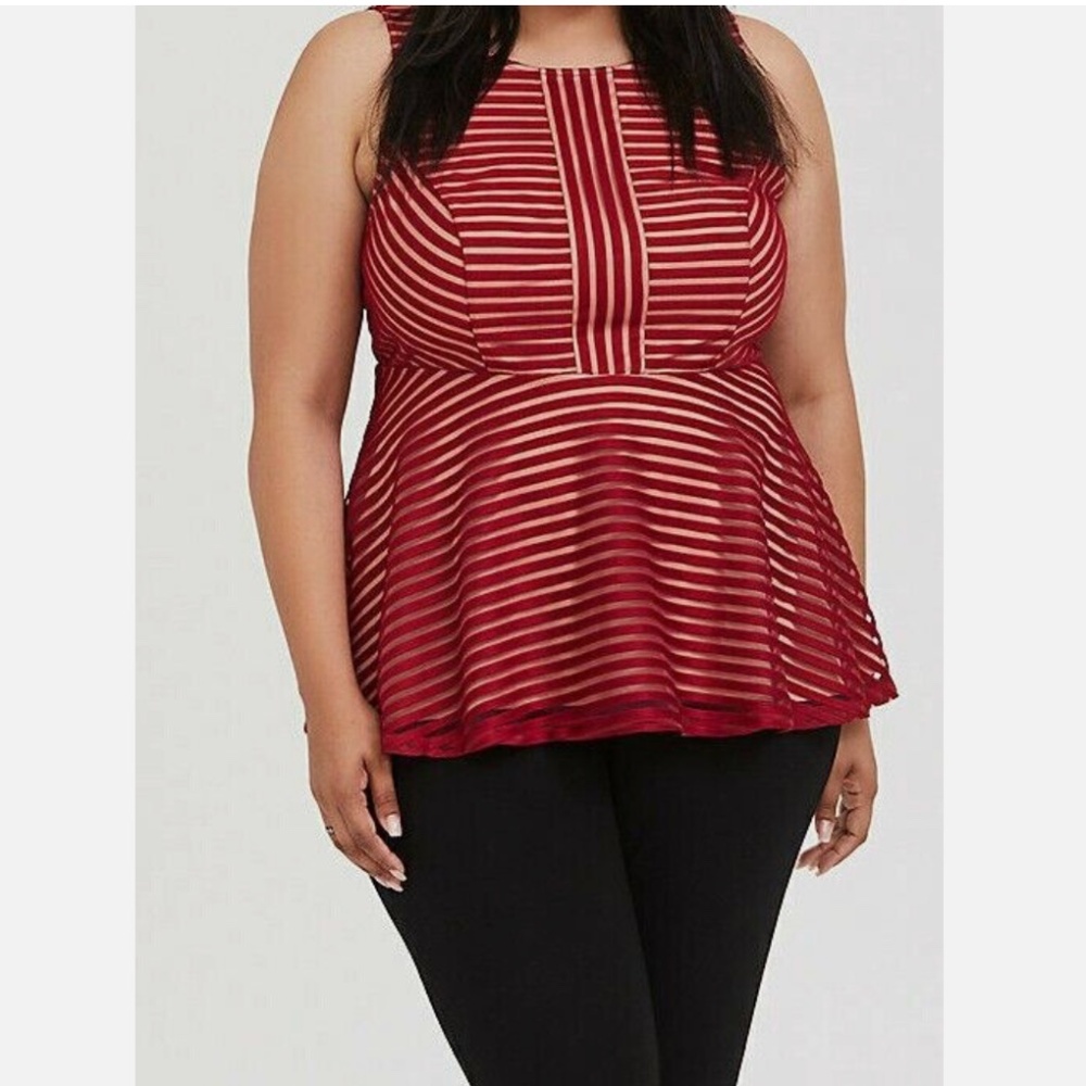 Torrid Shadow Stripe Peplum Top/Blouse Dark Red Size 3X Retro Holiday Party NWT